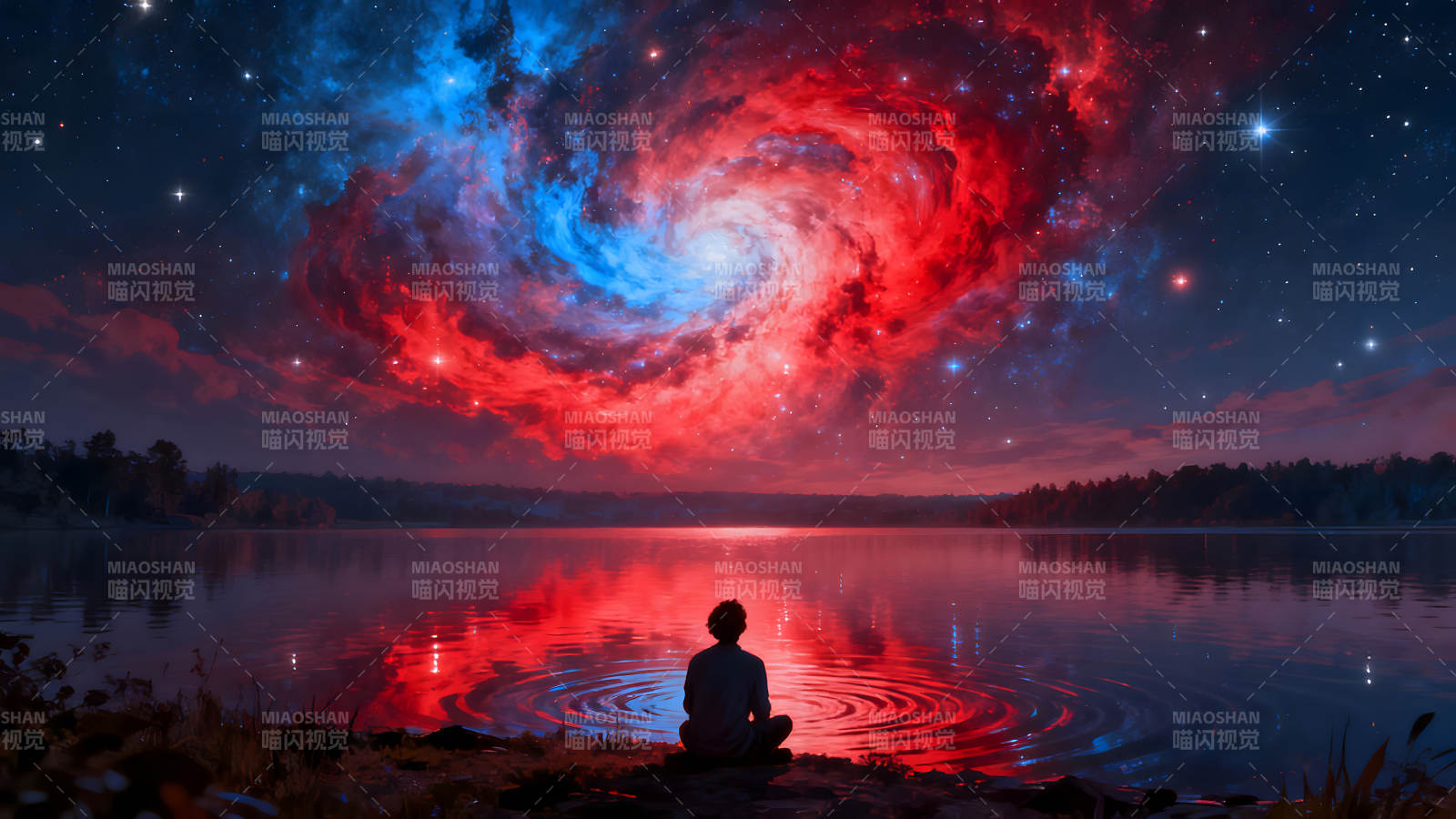 星空湖泊冥想者宇宙奇观倒映-图片