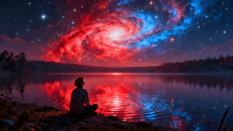 星空湖畔静谧沉思的景象-图片