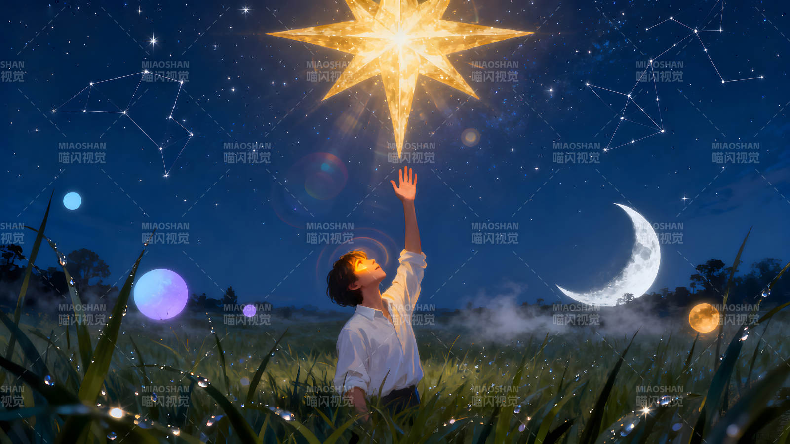 男孩觸碰星星的夢幻夜景-圖片