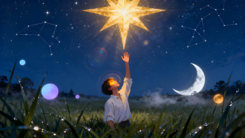 男孩觸碰星星的夢幻夜景-圖片