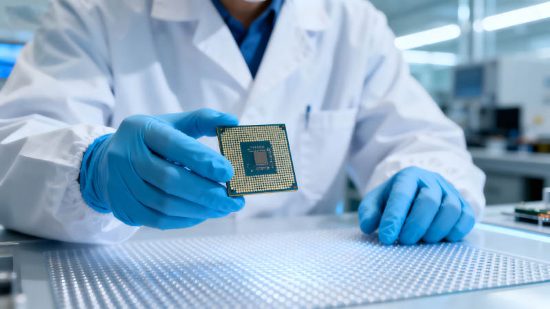 科學家手持CPU芯片特寫-圖片