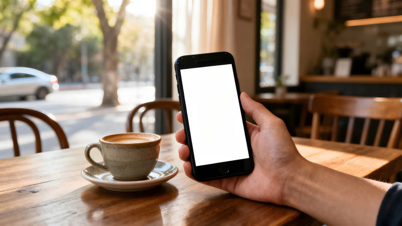 咖啡廳內手持手機圖片
