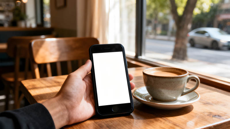 手持手机喝咖啡惬意时光-图片