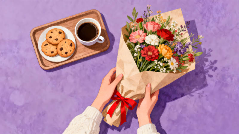 手捧鮮花與咖啡餅干的溫馨畫面-圖片