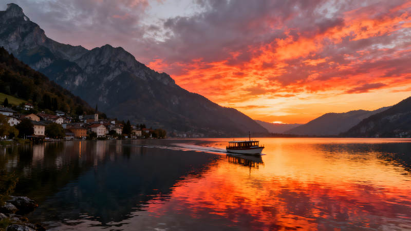 壯麗日落下的湖光山色與船只-圖片