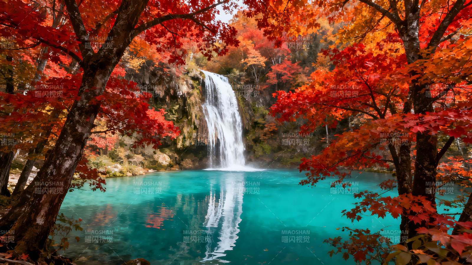 瀑布秋色紅葉湖泊美景-圖片