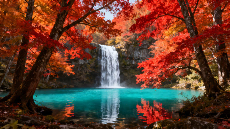 秋日瀑布美景红叶掩映水色湛蓝-图片