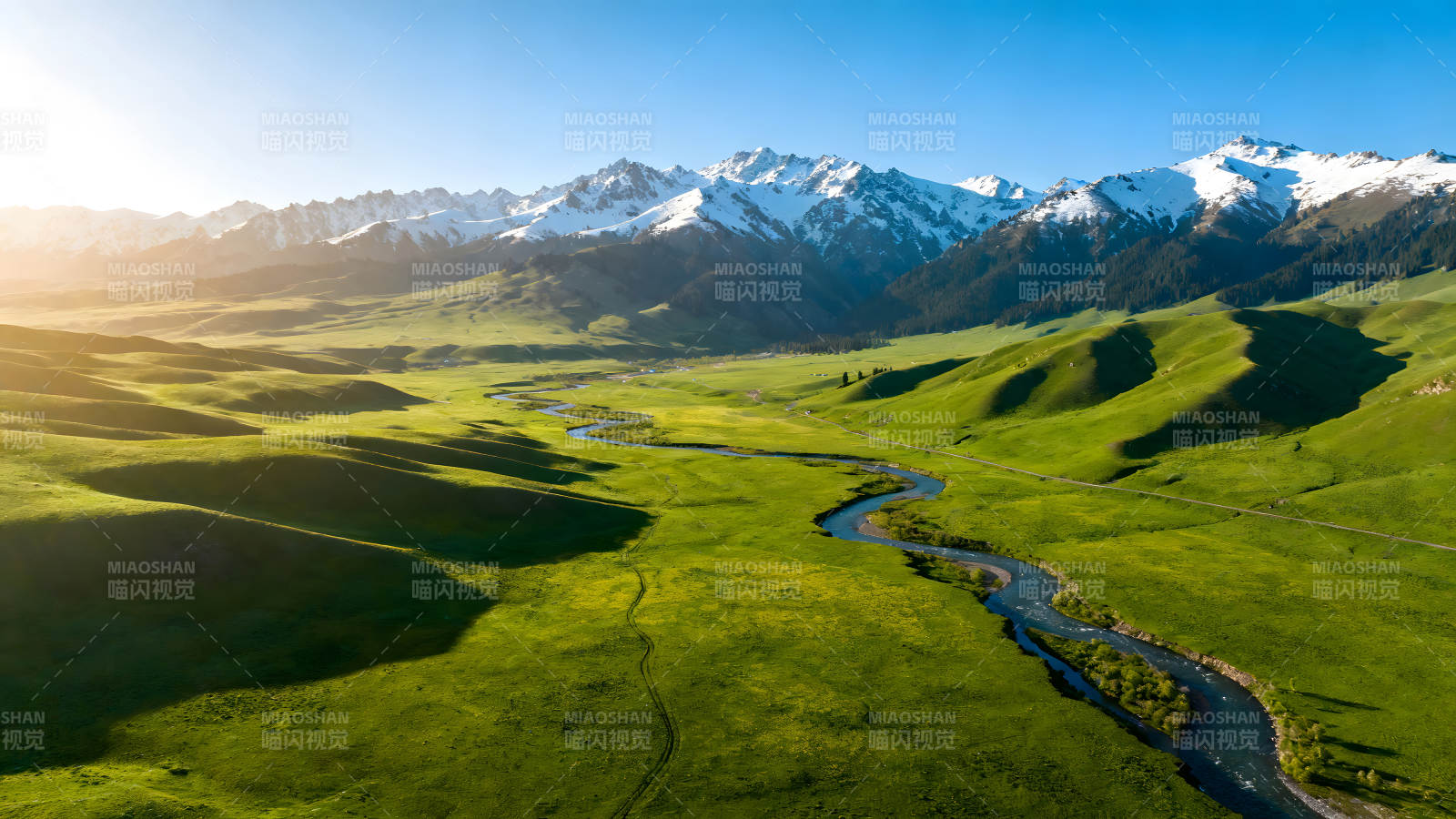 綠草如茵雪山聳立河流蜿蜒-圖片