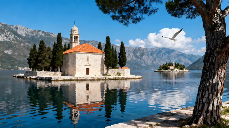 湖泊教堂景色優美風景如畫-圖片