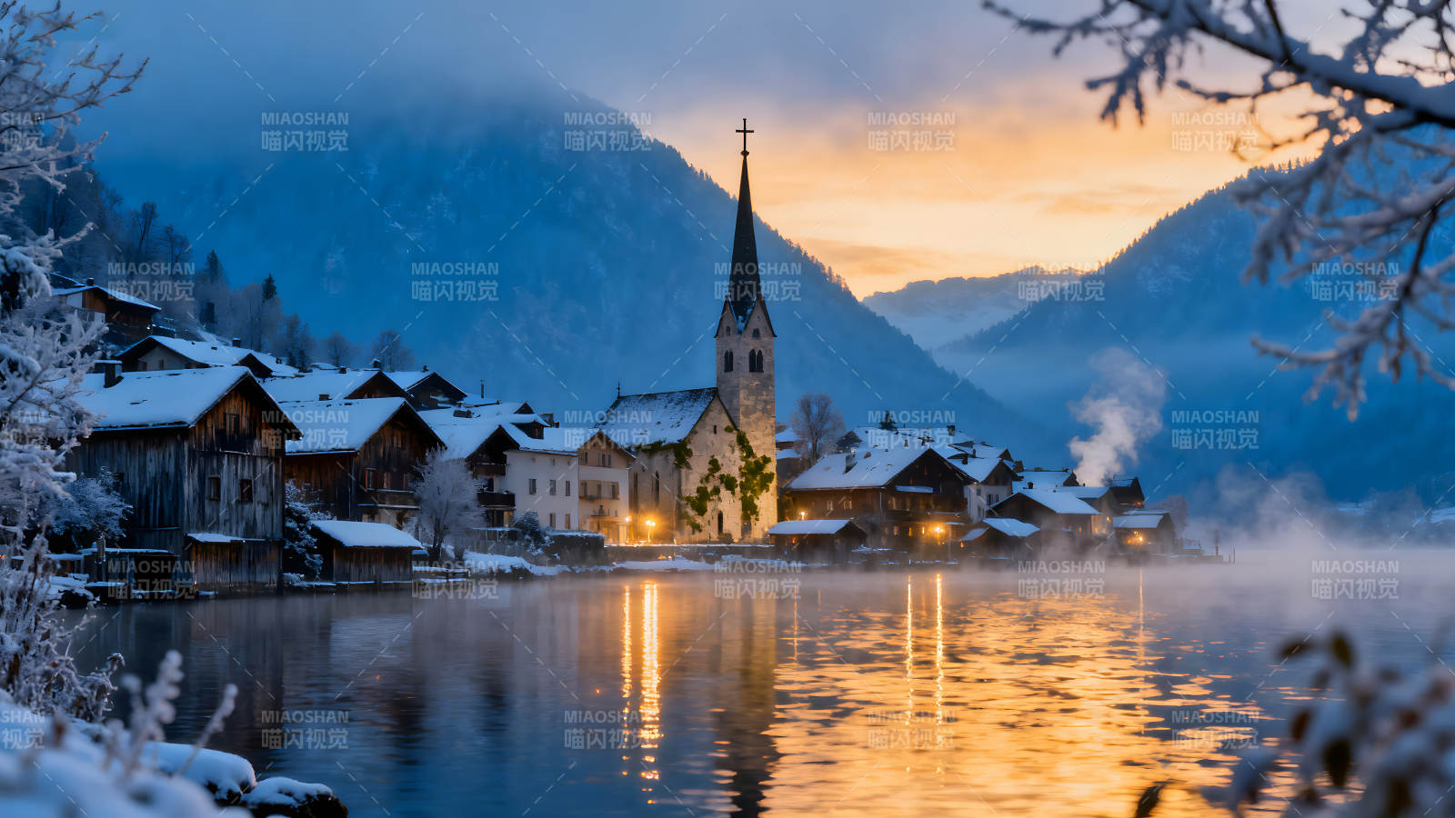 冬季湖畔小鎮風光雪山掩映下的教堂-圖片