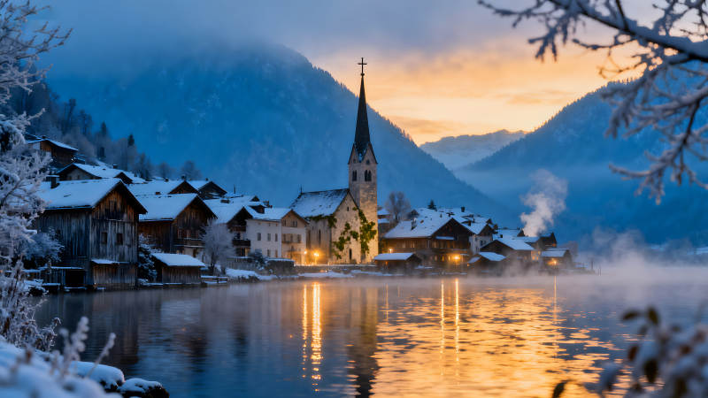 冬季湖畔小鎮(zhèn)風光雪山掩映下的教堂-圖片