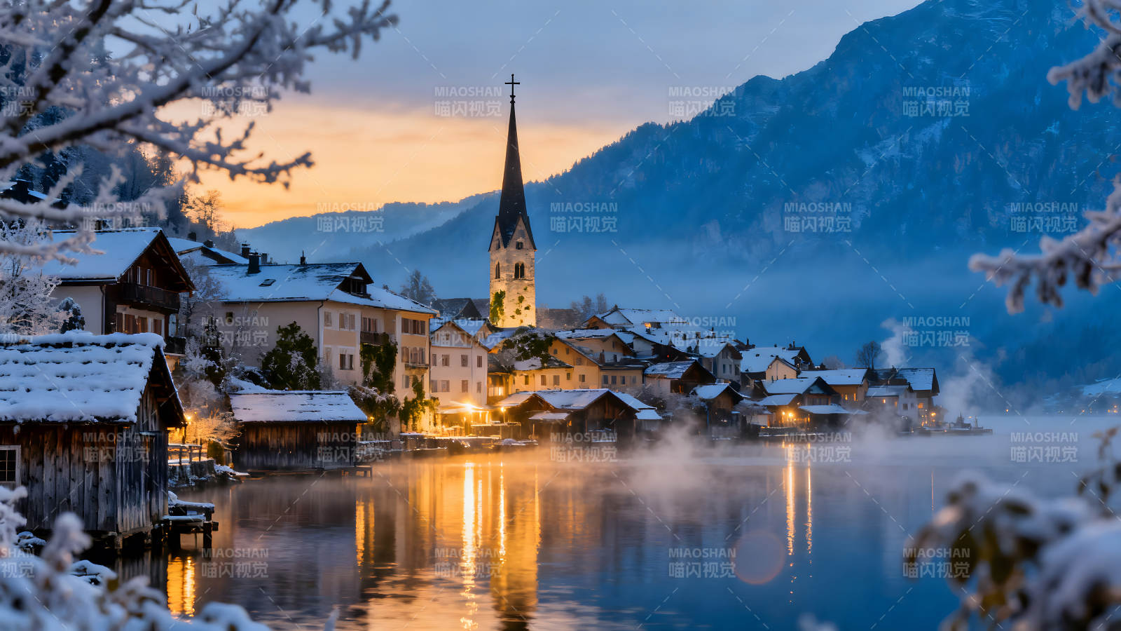 雪山小鎮湖泊寧靜冬日風光-圖片