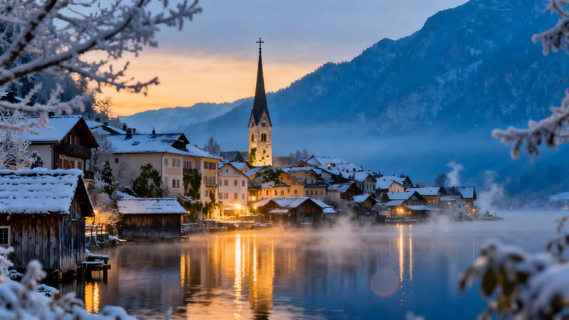 雪山小鎮(zhèn)湖泊寧靜冬日風光-圖片