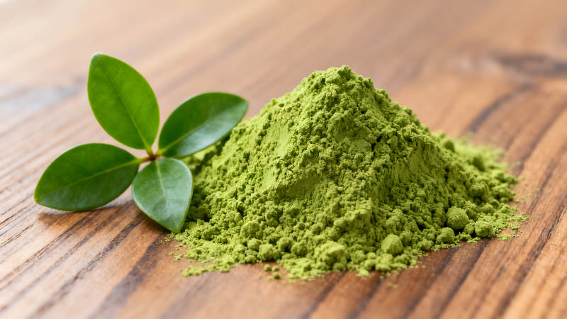 抹茶粉與綠葉特寫-圖片