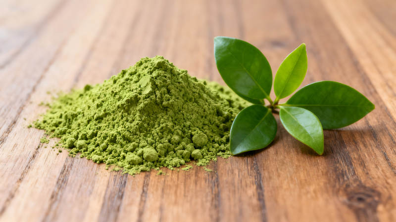 抹茶粉與綠葉的特寫鏡頭-圖片