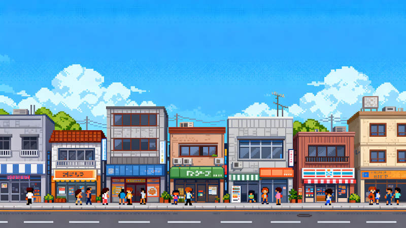 像素风格街道风景蓝天白云行人建筑-图片