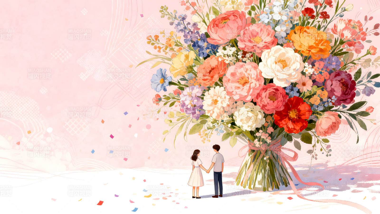 花束下的浪漫情侣手牵手-图片