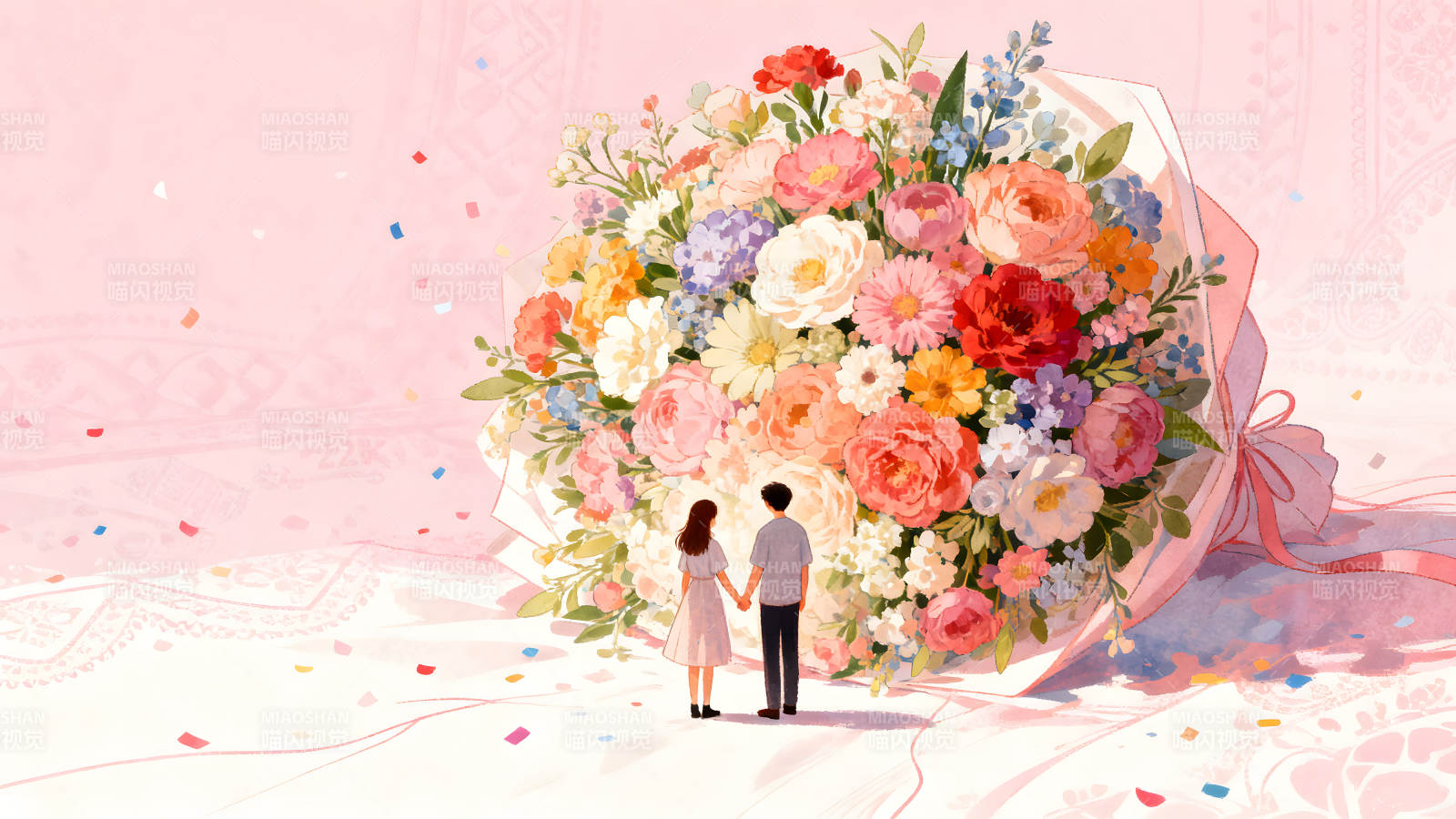 手牽手欣賞花束圖片