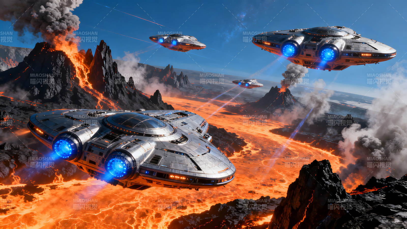 星际飞船飞越火山熔岩地貌-图片