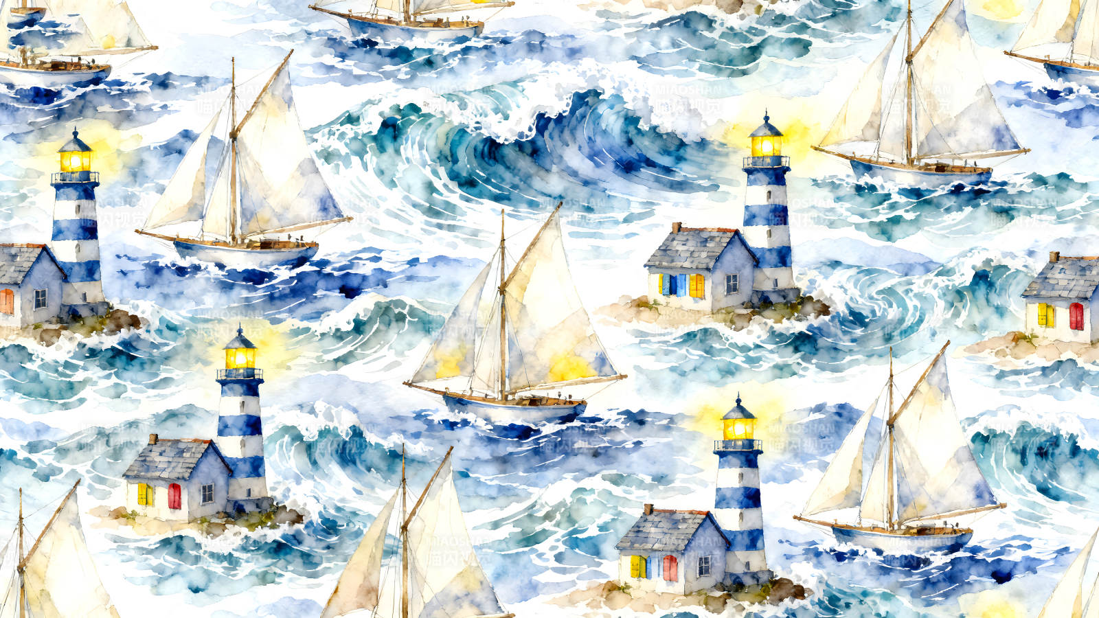 海洋灯塔帆船水彩画图片