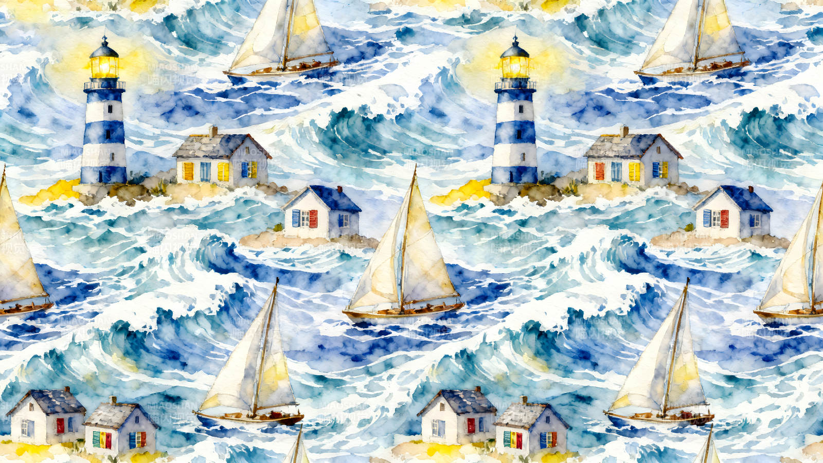 海浪灯塔帆船小屋水彩画图片