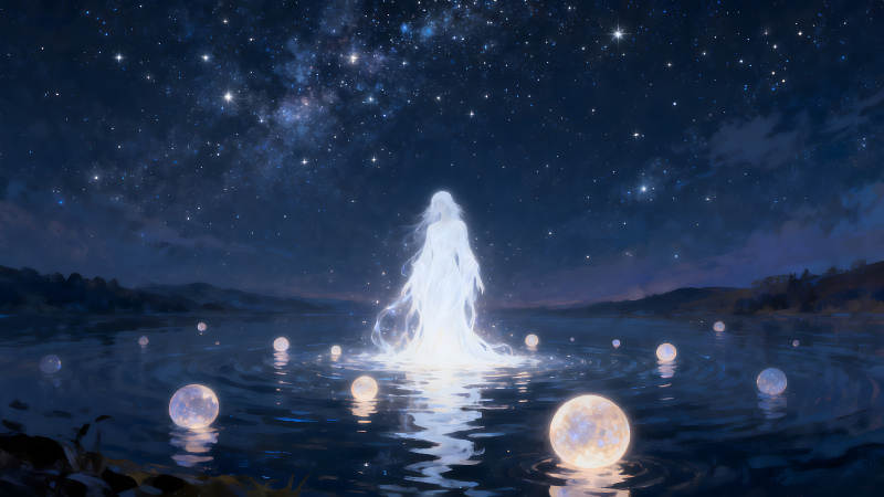 夜空下的水面仙女與光球-圖片