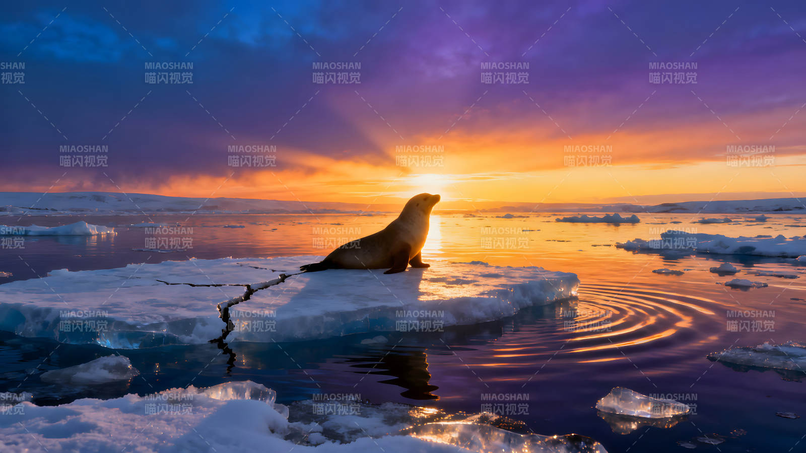 海豹沐浴在冰洋日落的金色光輝下-圖片