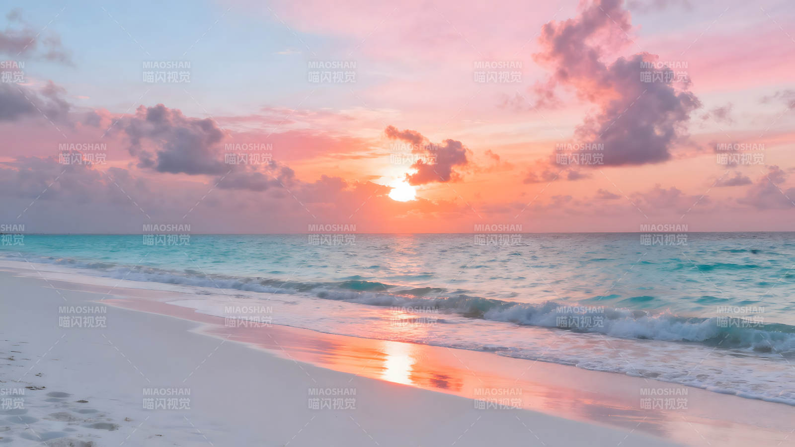 粉色夕阳海滩美景阳光沙滩椰子树图片