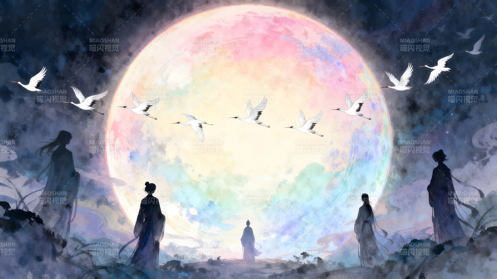 月夜飛鶴仙人聚靜謐唯美似畫卷-圖片