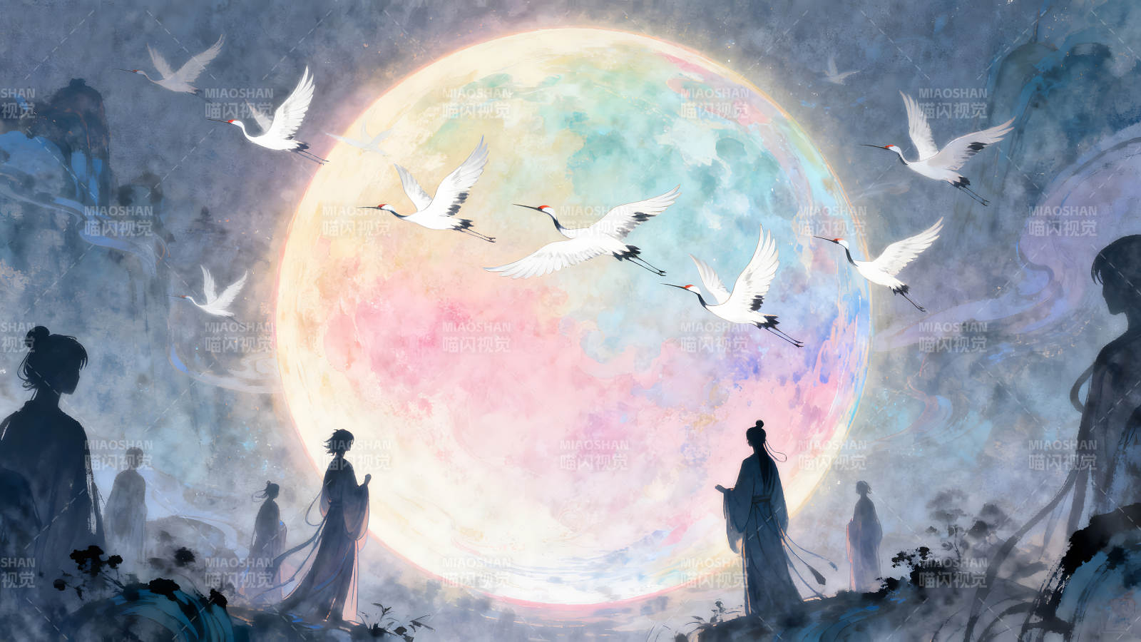 唯美月夜鹤舞诗意图片