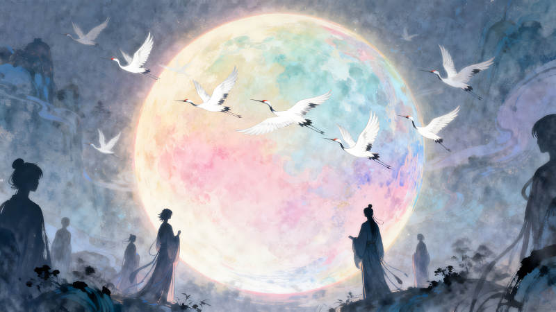 唯美月夜鶴舞詩意-圖片