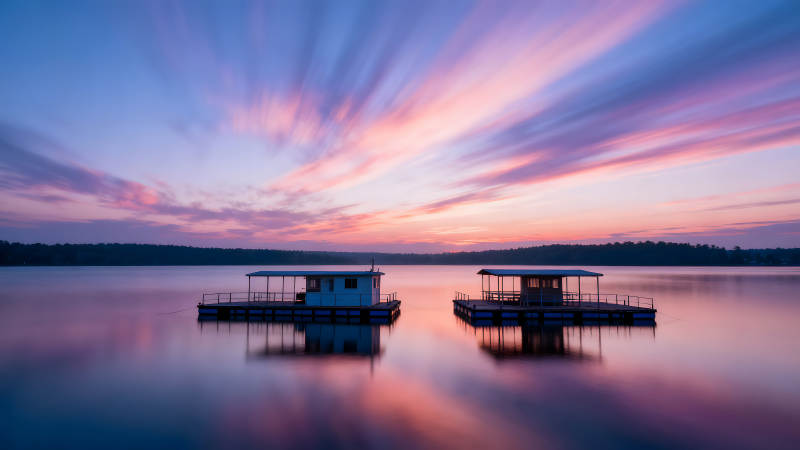 湖面小屋日出美景图片