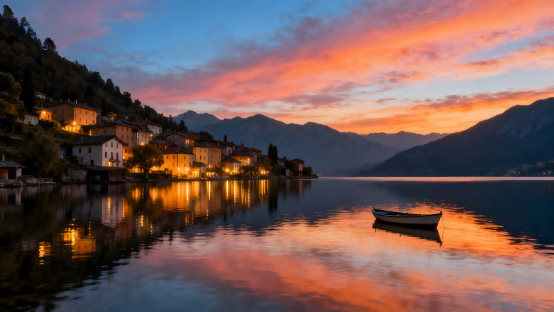 傍晚小鎮湖泊景色靜謐迷人-圖片