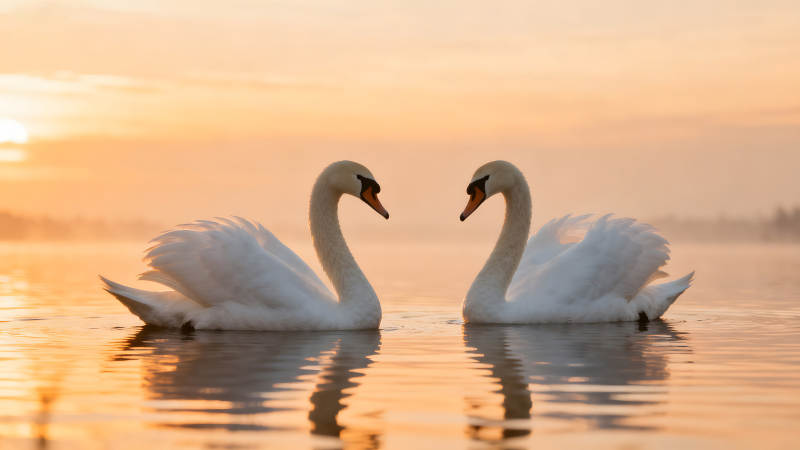 兩只天鵝在水中相遇陽(yáng)光照耀-圖片