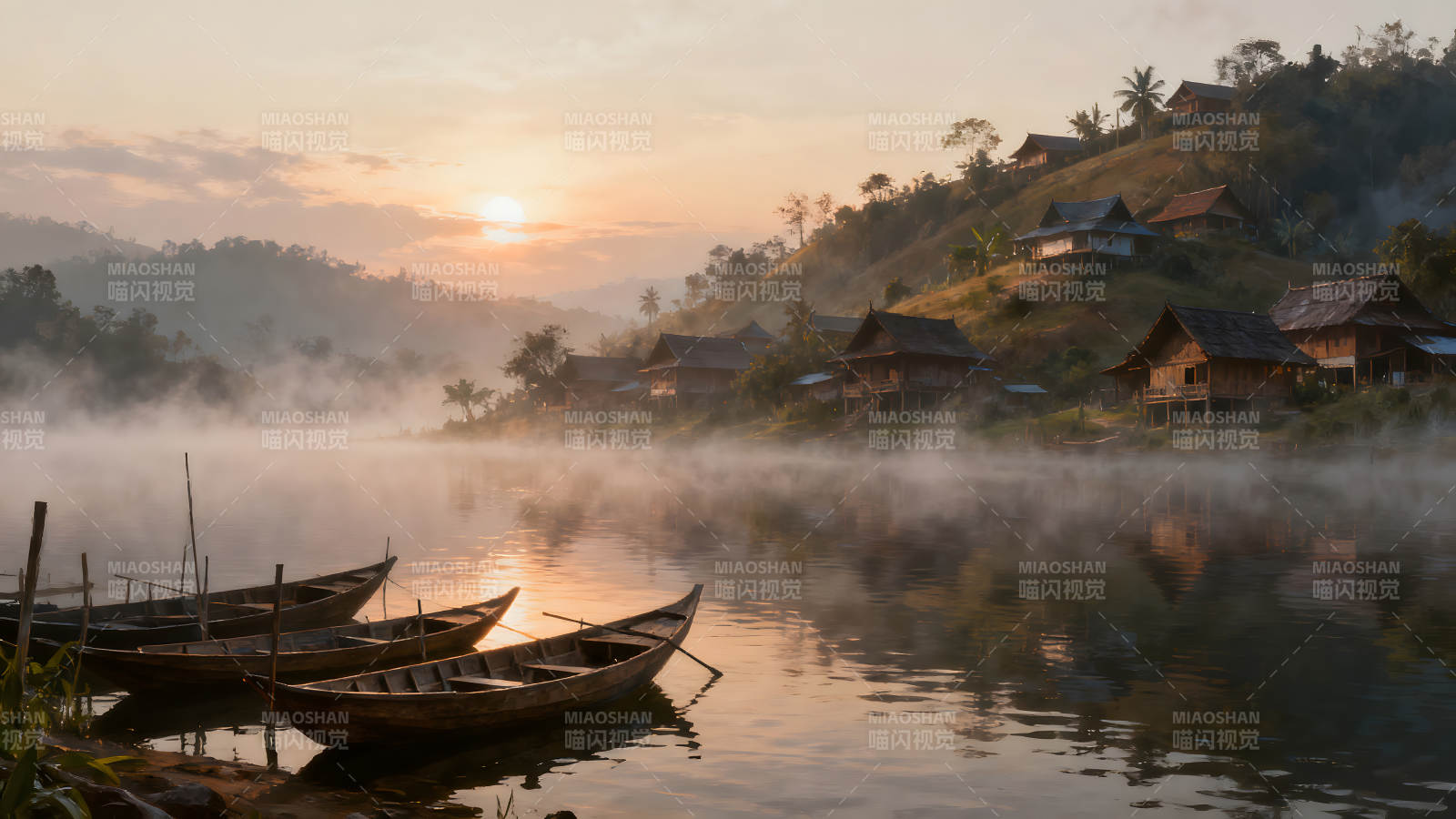 日出雾霭笼罩村落小舟停靠水面-图片