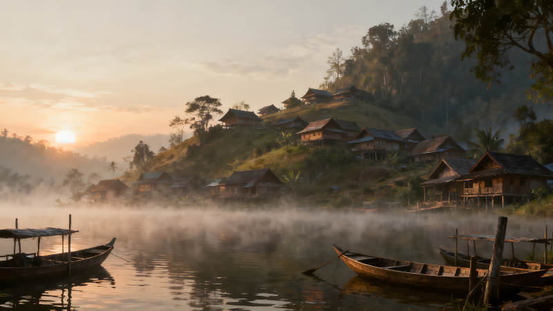 山坡村落晨雾笼罩渔船静谧图片