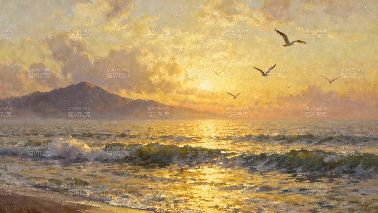 金光海面海鸟翱翔落日余晖-图片