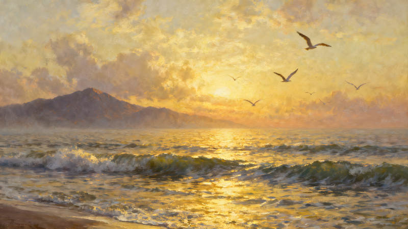 金光海面海鳥翱翔落日余暉-圖片