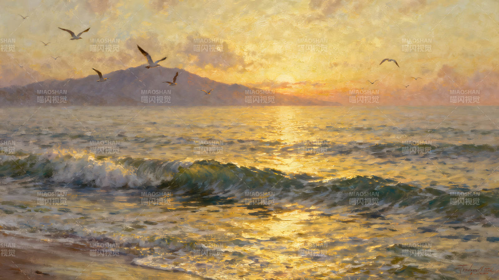 夕阳下的海面海鸥飞翔图片