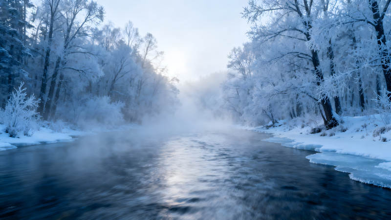 寒冬霧氣籠罩下的河流風光圖片