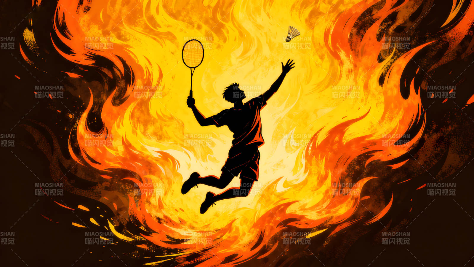 羽毛球选手跃起在火焰中-图片