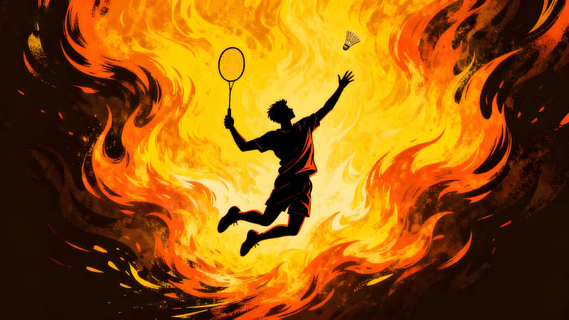 羽毛球选手跃起在火焰中-图片