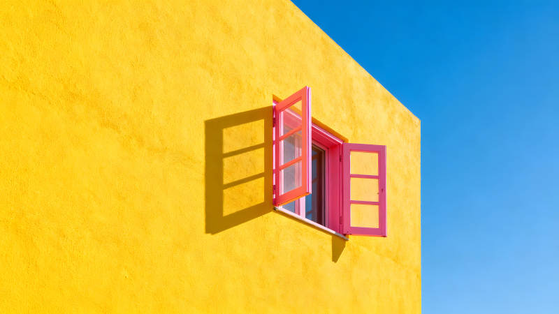 黃色建筑粉色窗戶天空藍色-圖片