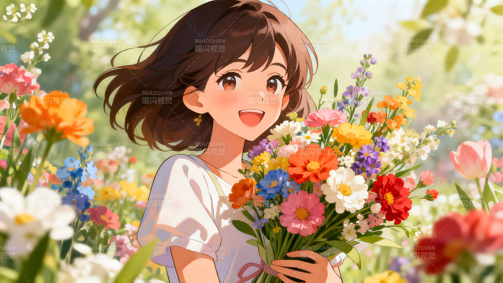 少女手捧鮮花笑容燦爛置身花海-圖片