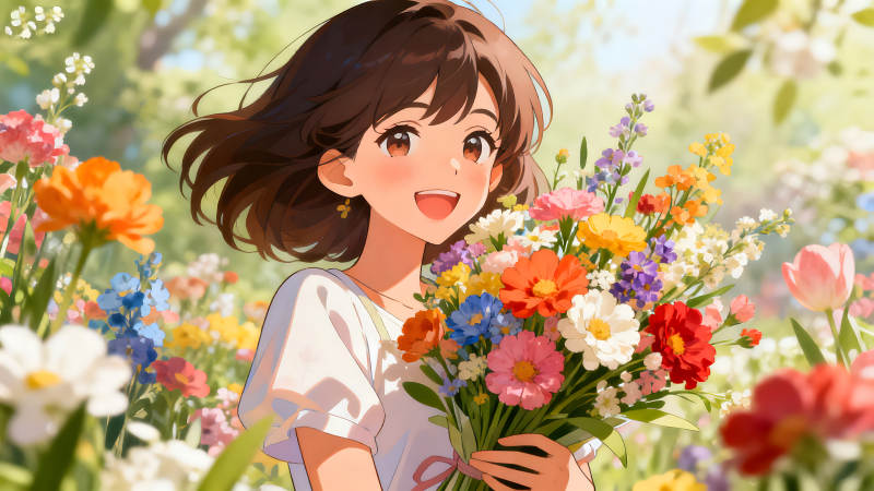 少女手捧鮮花笑容燦爛置身花海-圖片