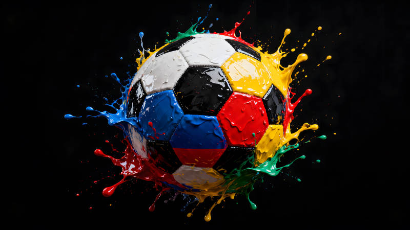 彩色足球飛濺油漆在黑色背景下-圖片