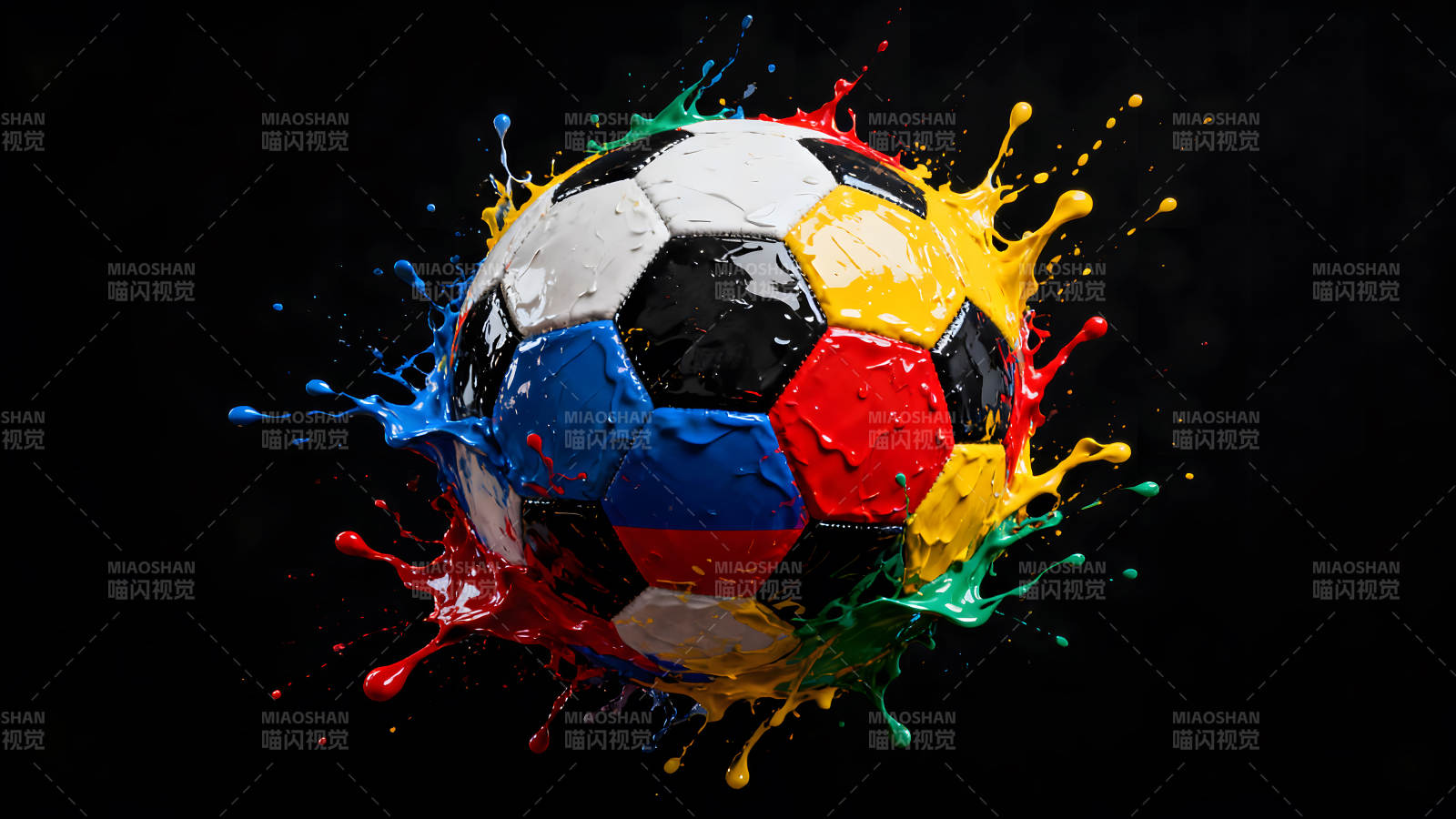 彩色足球飛濺油漆在黑色背景下圖片
