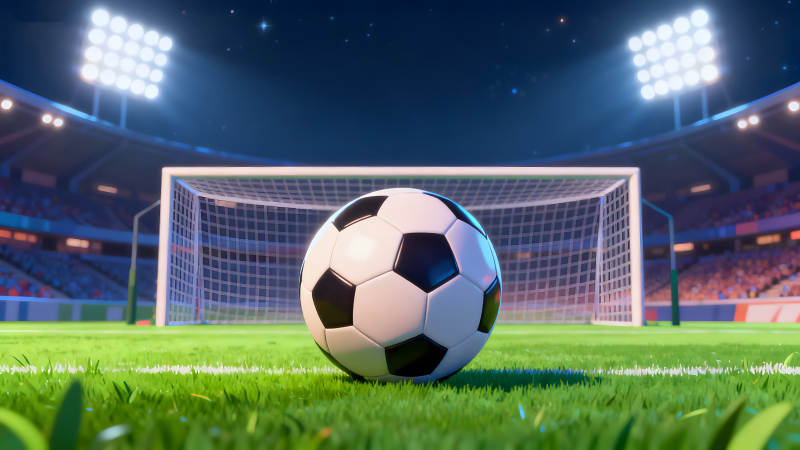 足球场夜景足球特写灯光闪耀画面-图片