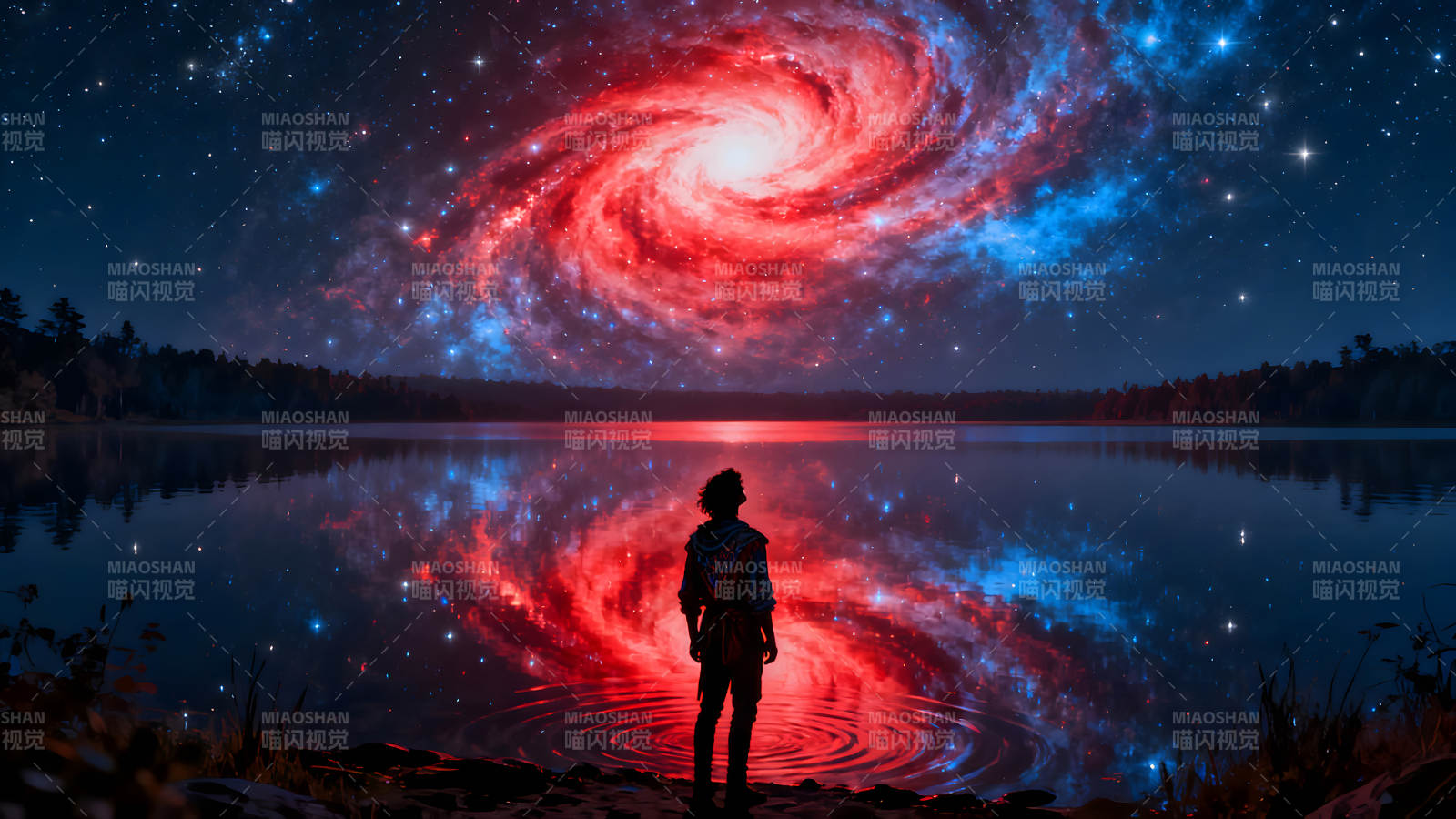 宇宙倒影湖泊与人沉思-图片