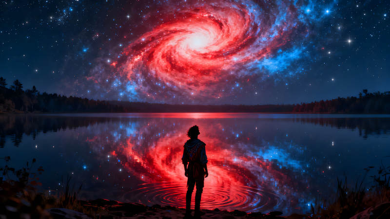 宇宙倒影湖泊与人沉思-图片